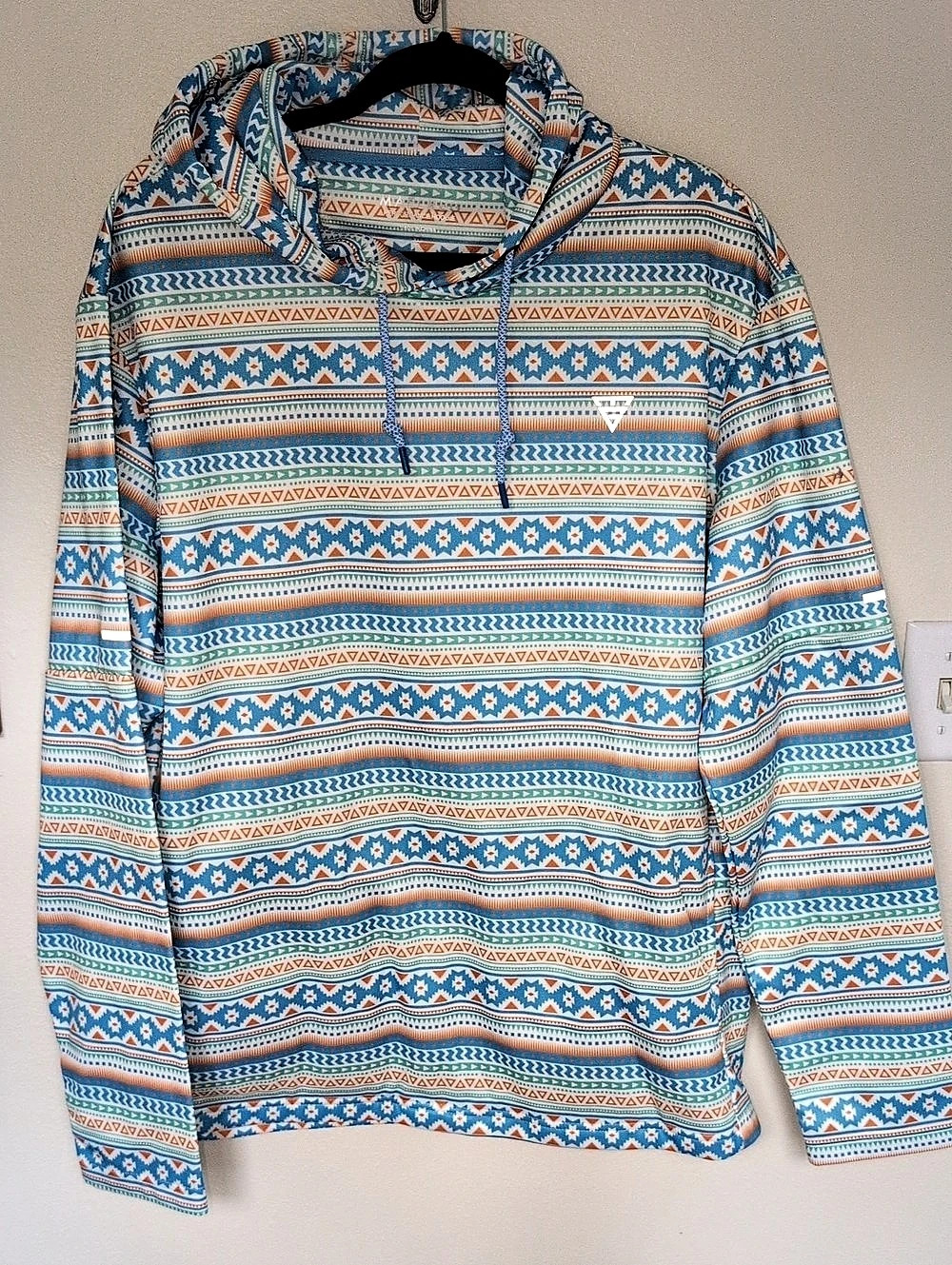 Maelreg Performance Geometric Pullover Hoodie in Blue Green & Orange Like New